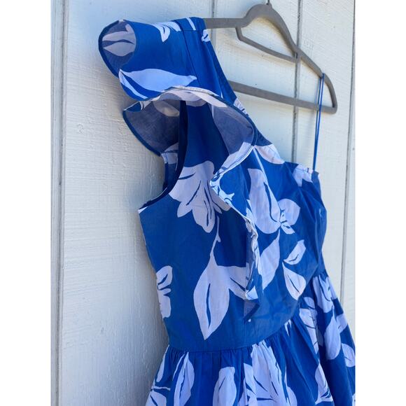 NWT J. Crew One‎ Shoulder Midi Dress, Blue And White Floral, Sz 8 - Picture 2 of 7